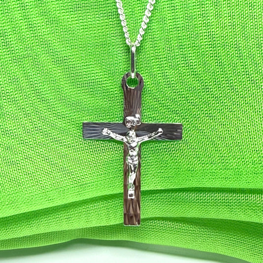 Solid flat diamond cut sterling silver crucifix cross necklace with a chain included