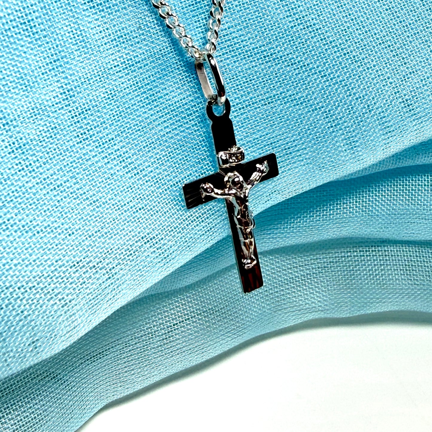 Solid flat sterling silver small crucifix cross necklace with a chain included