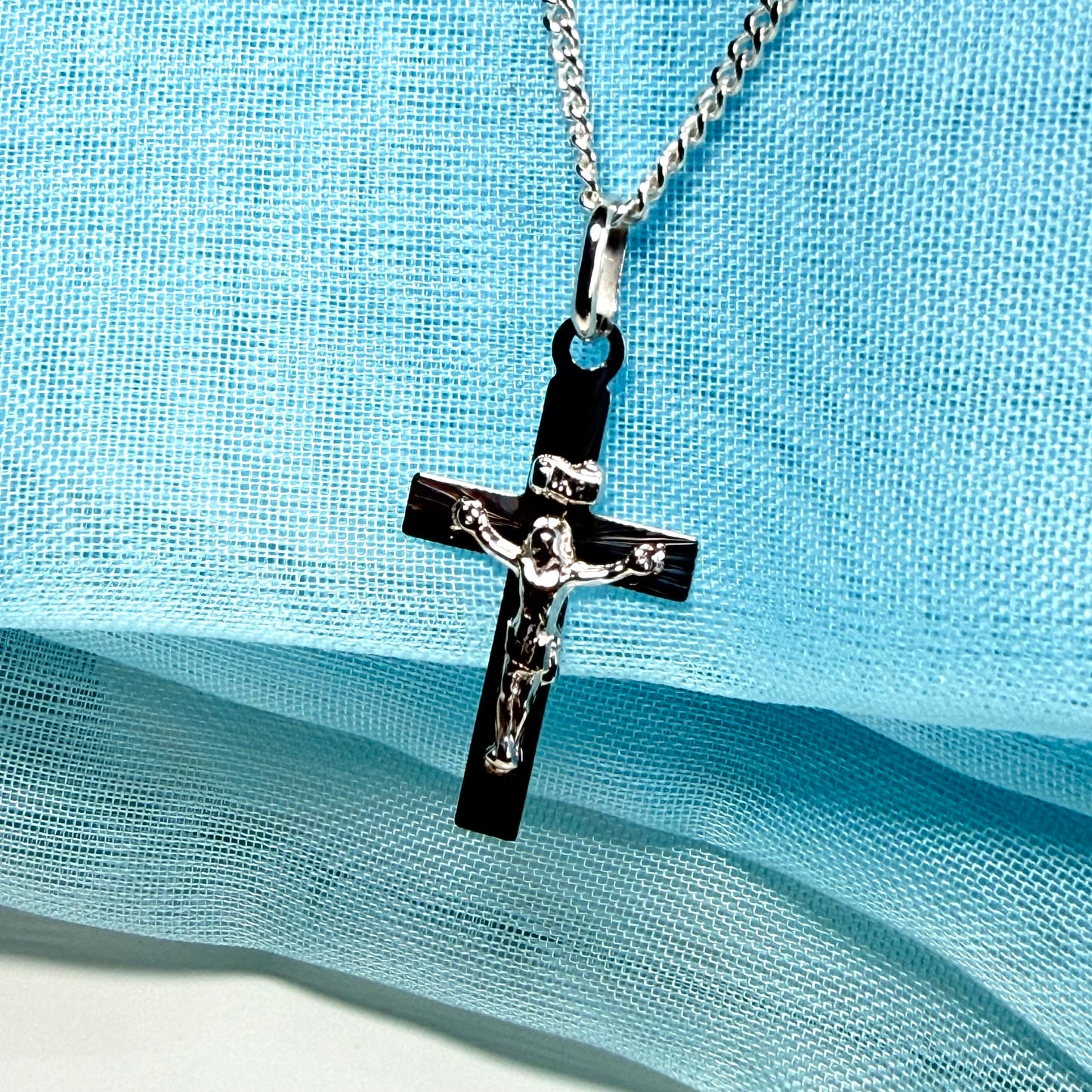 Solid flat sterling silver small crucifix cross necklace with a chain included