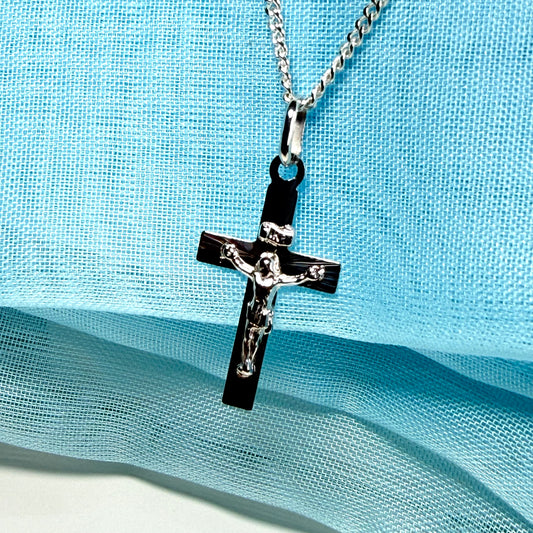 Solid flat sterling silver small crucifix cross necklace with a chain included