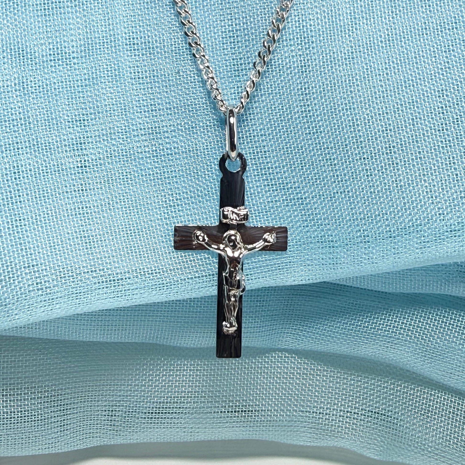 Solid flat sterling silver small crucifix cross necklace with a chain included
