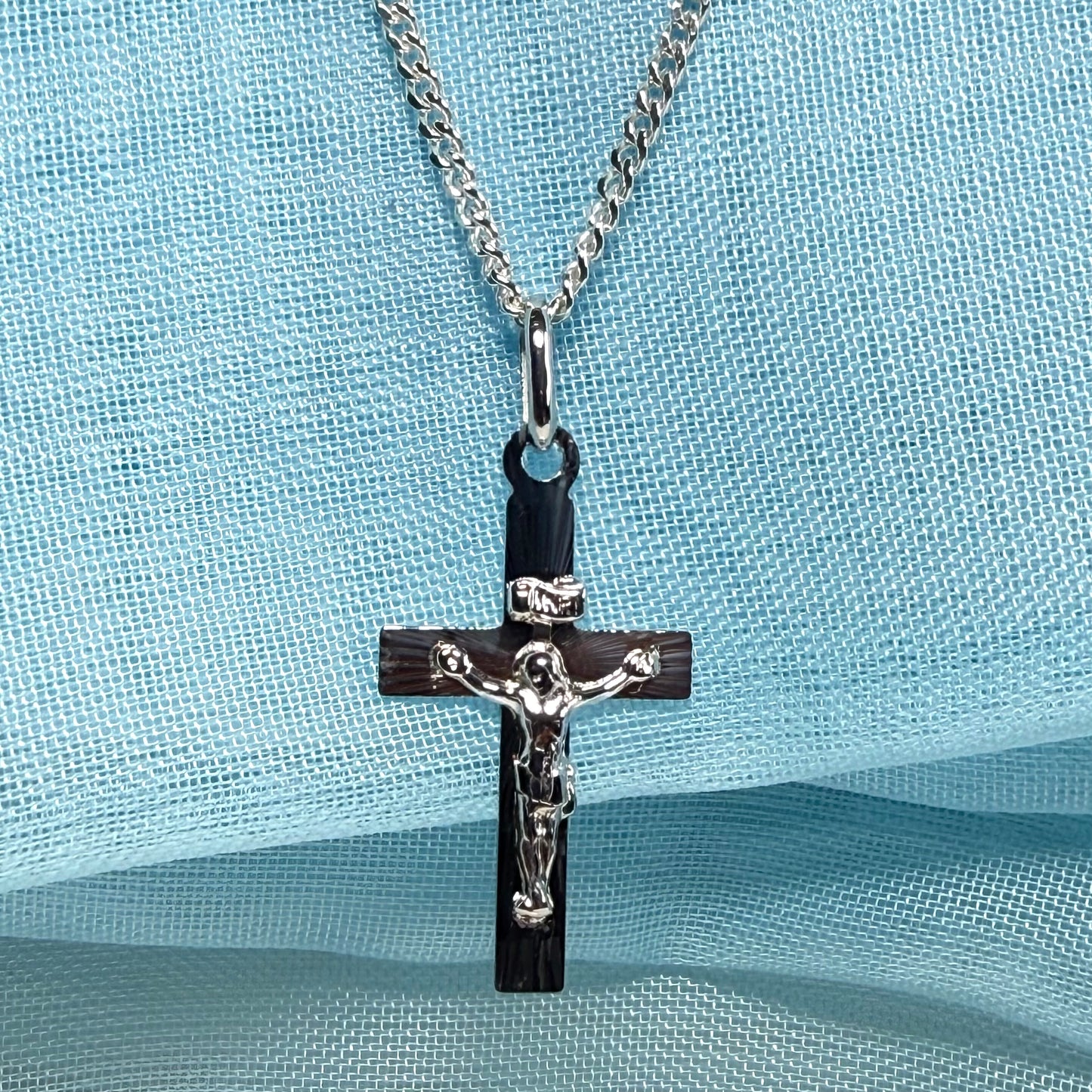 Solid flat sterling silver small crucifix cross necklace with a chain included