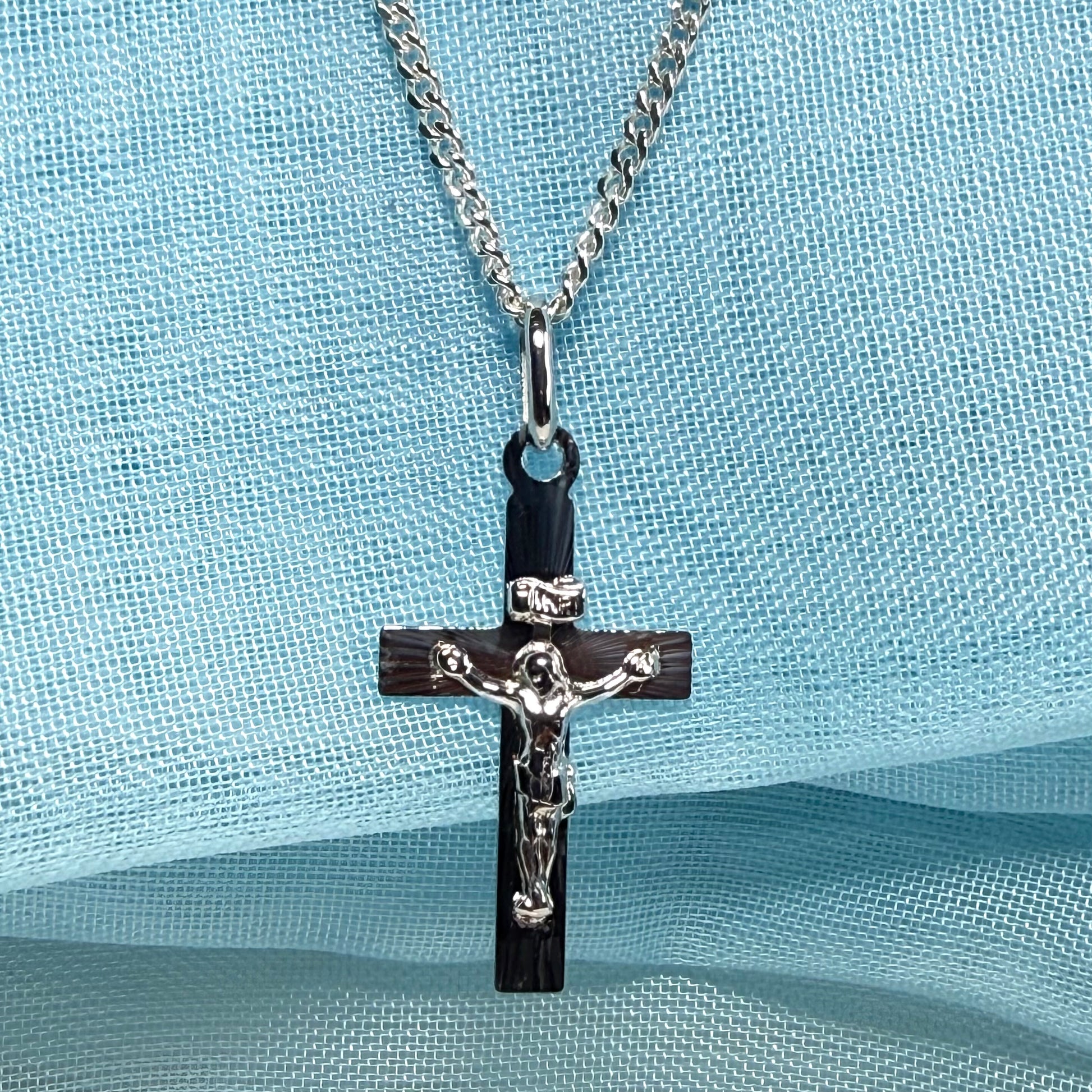 Solid flat sterling silver small crucifix cross necklace with a chain included
