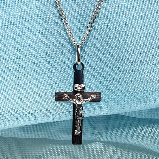 Solid flat sterling silver small crucifix cross necklace with a chain included