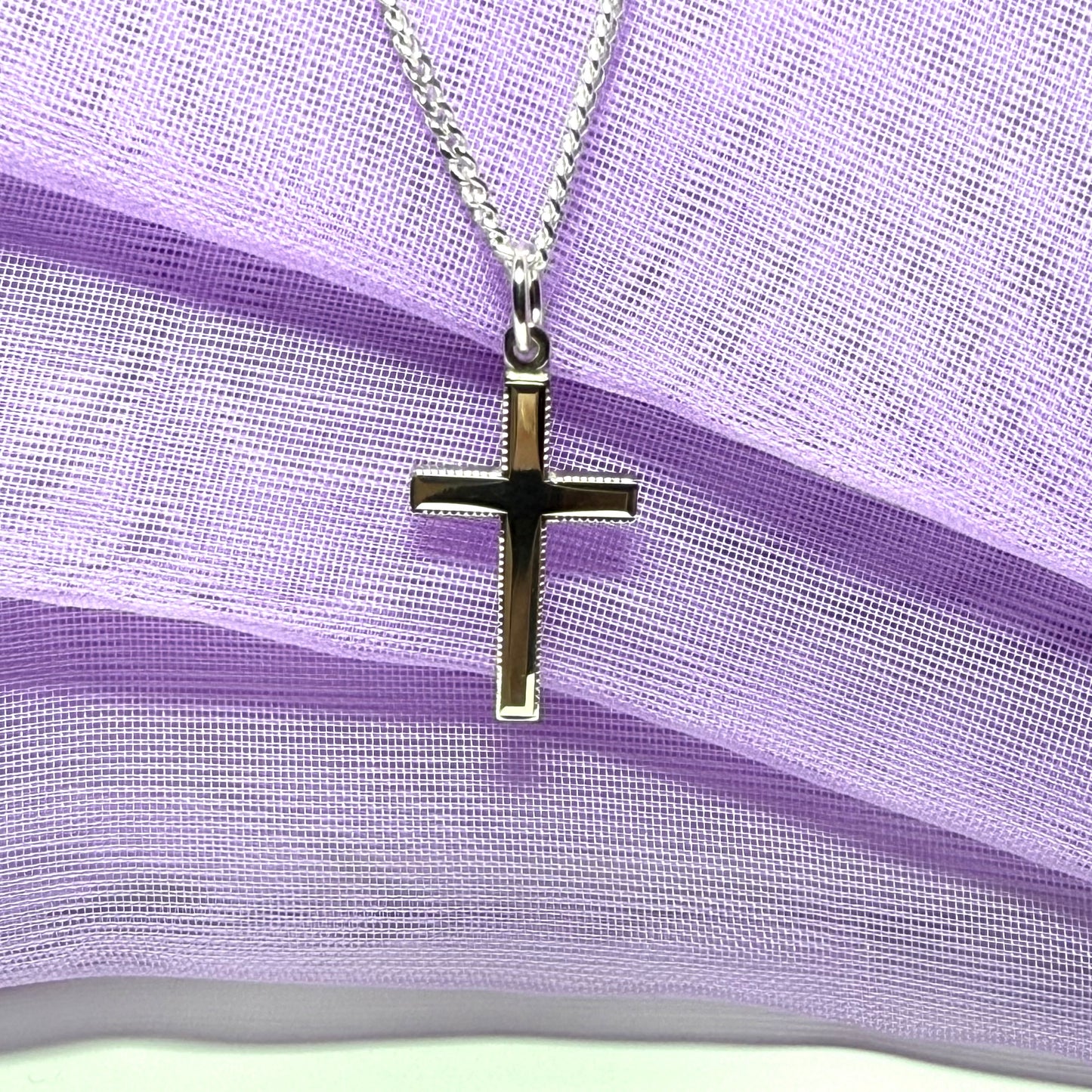 Solid sterling silver beaded edged cross with chain