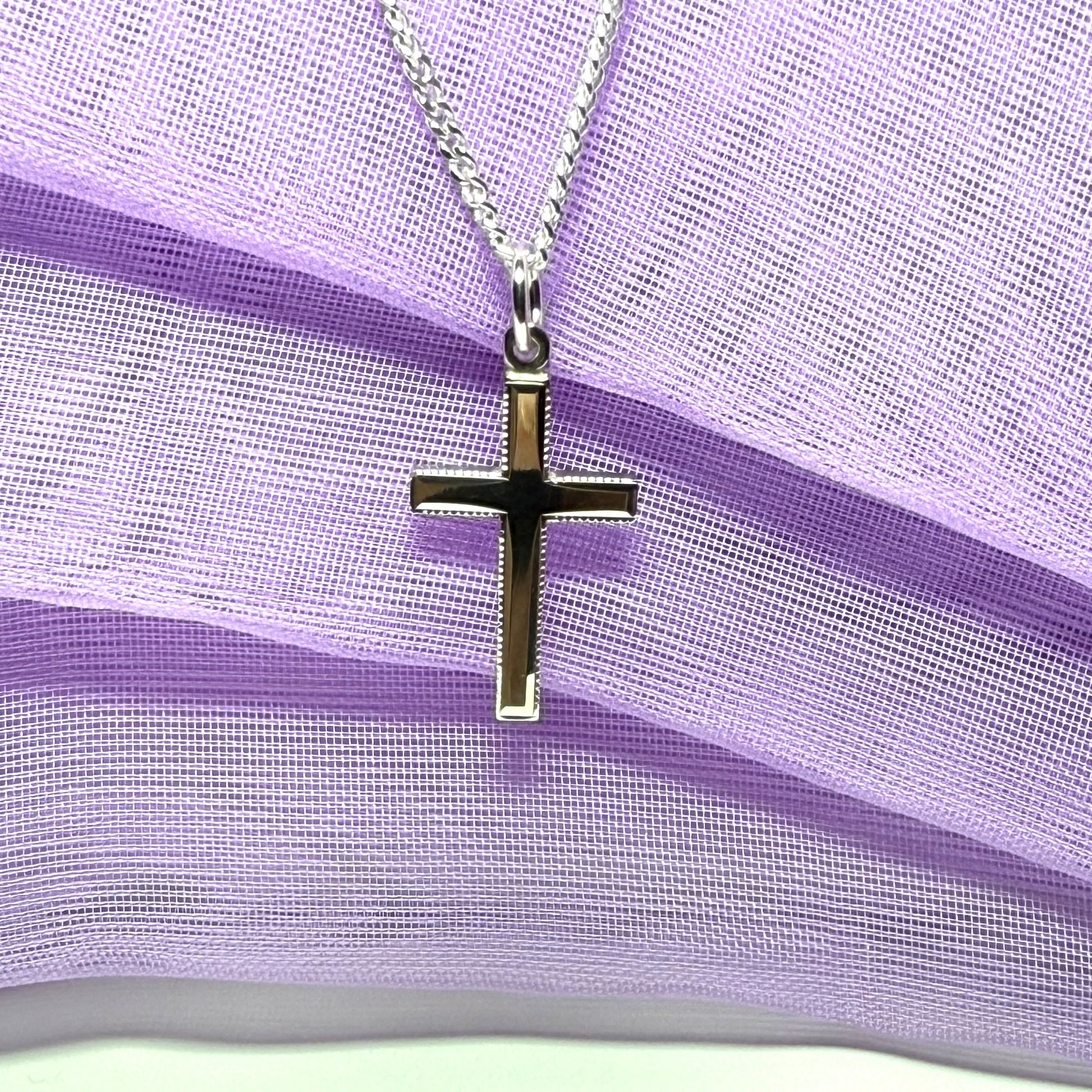 Solid sterling silver beaded edged cross with chain