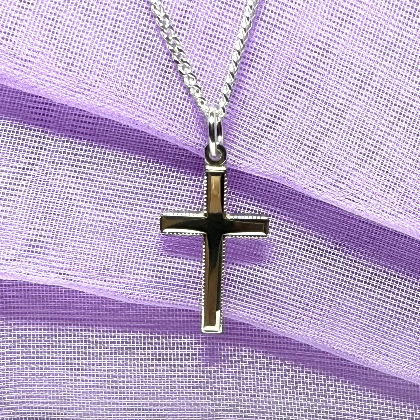 Solid sterling silver beaded edged cross with chain