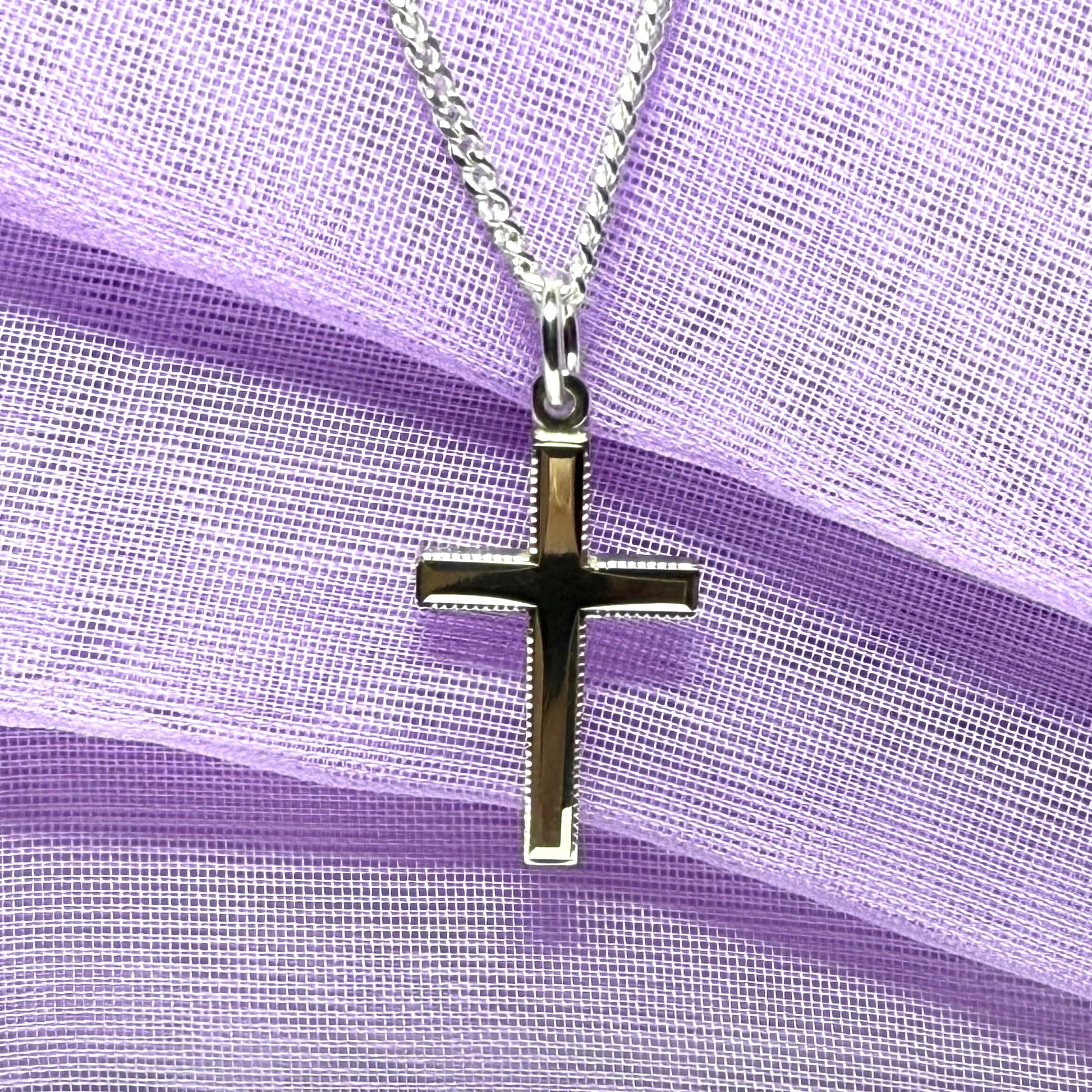 Solid sterling silver beaded edged cross with chain