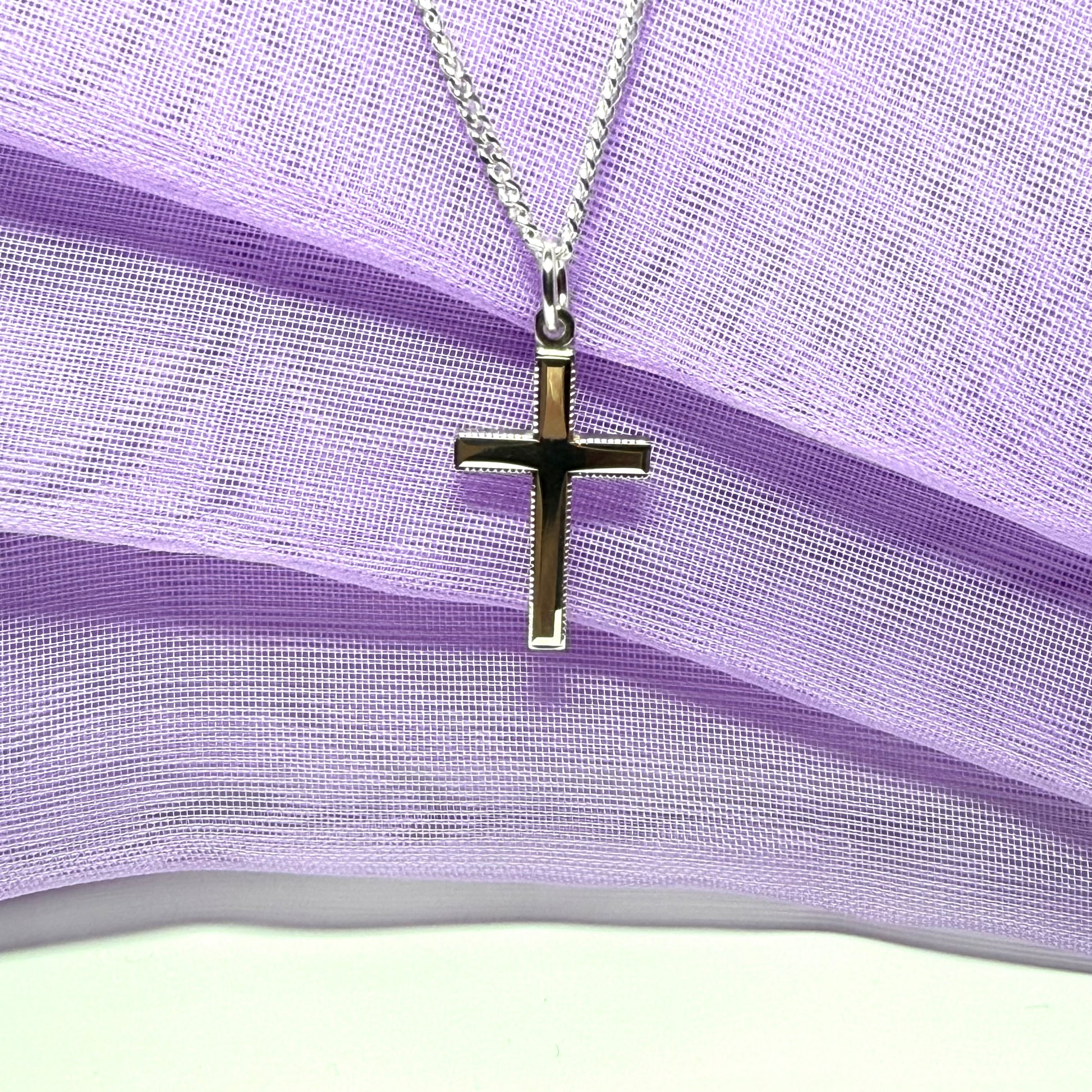 Solid sterling silver beaded edged cross with chain