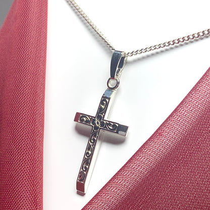 Solid diamond cut cross patterned sterling silver including chain