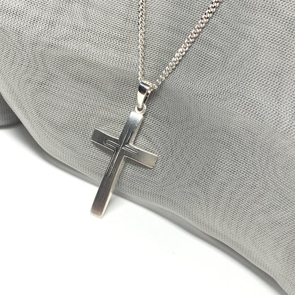 Solid diamond cut cross patterned sterling silver and chain