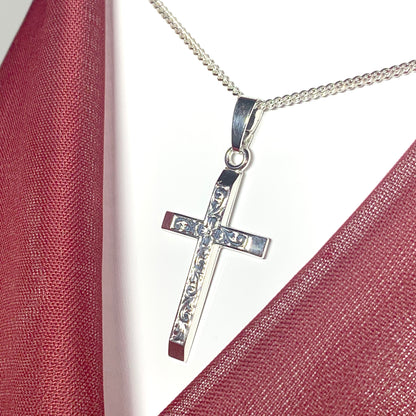 Solid diamond cut cross patterned sterling silver including chain