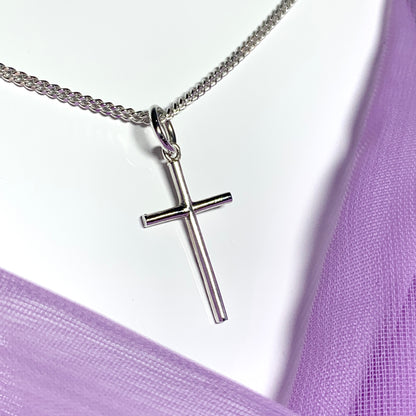 Small solid diamond cut reversible cross patterned sterling silver and chain