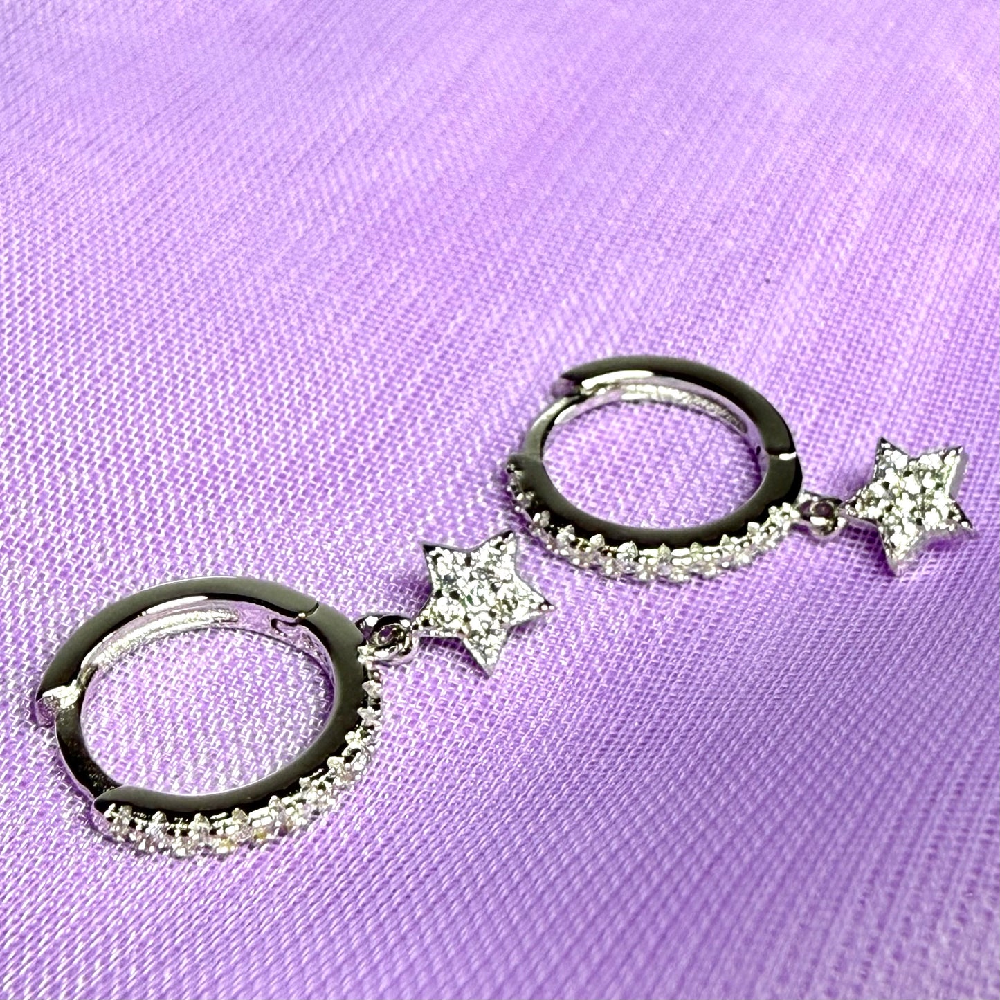 Sterling Silver Round Hoop Earrings With Stars 12 mm