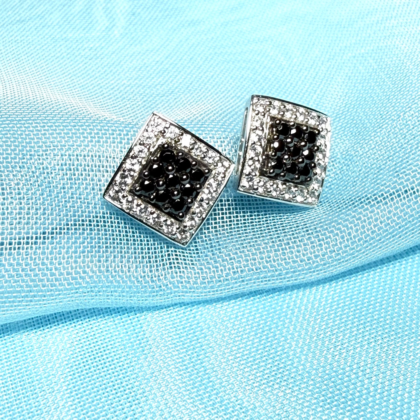 Cluster earrings black and white cubic zirconia square white gold
