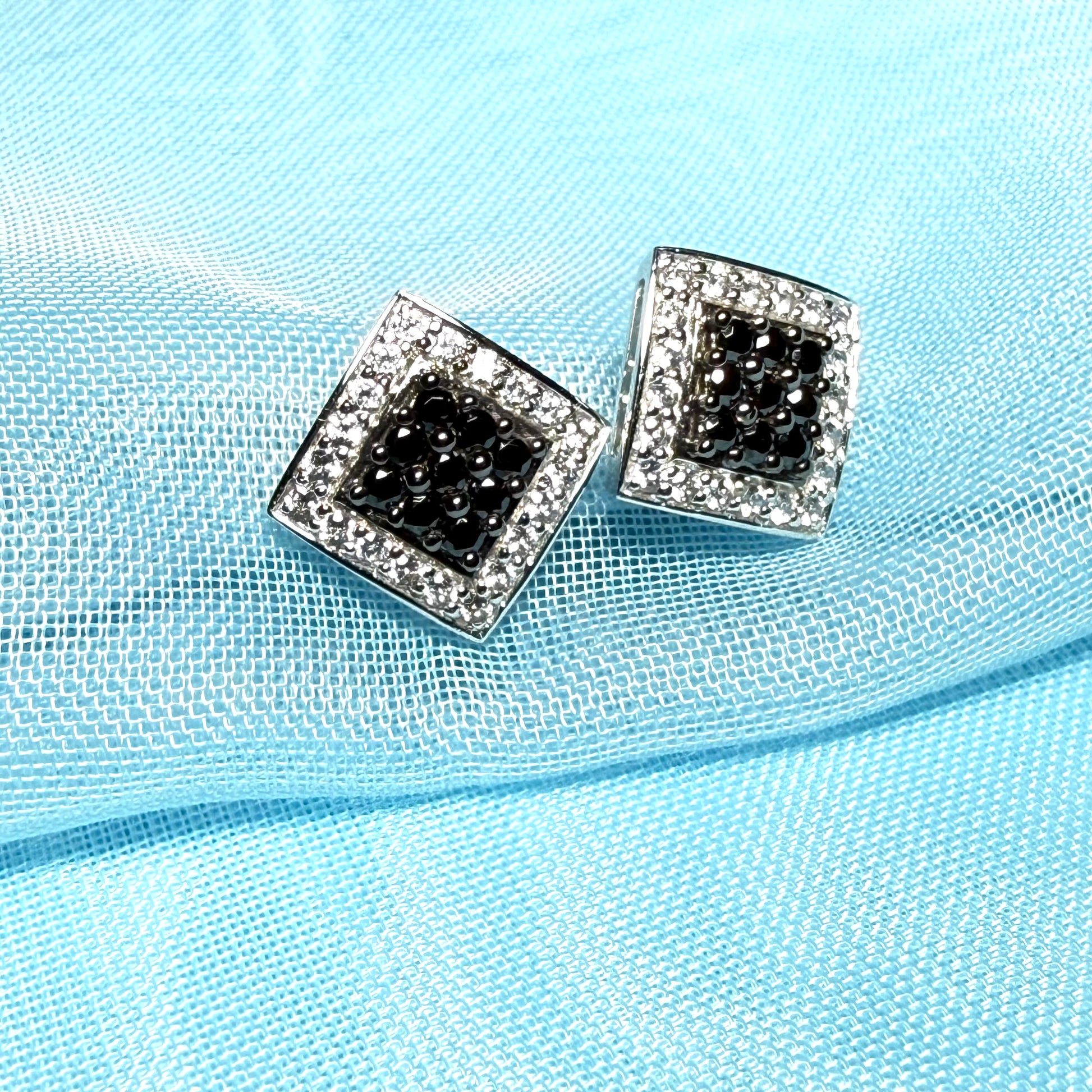 Cluster earrings black and white cubic zirconia square white gold