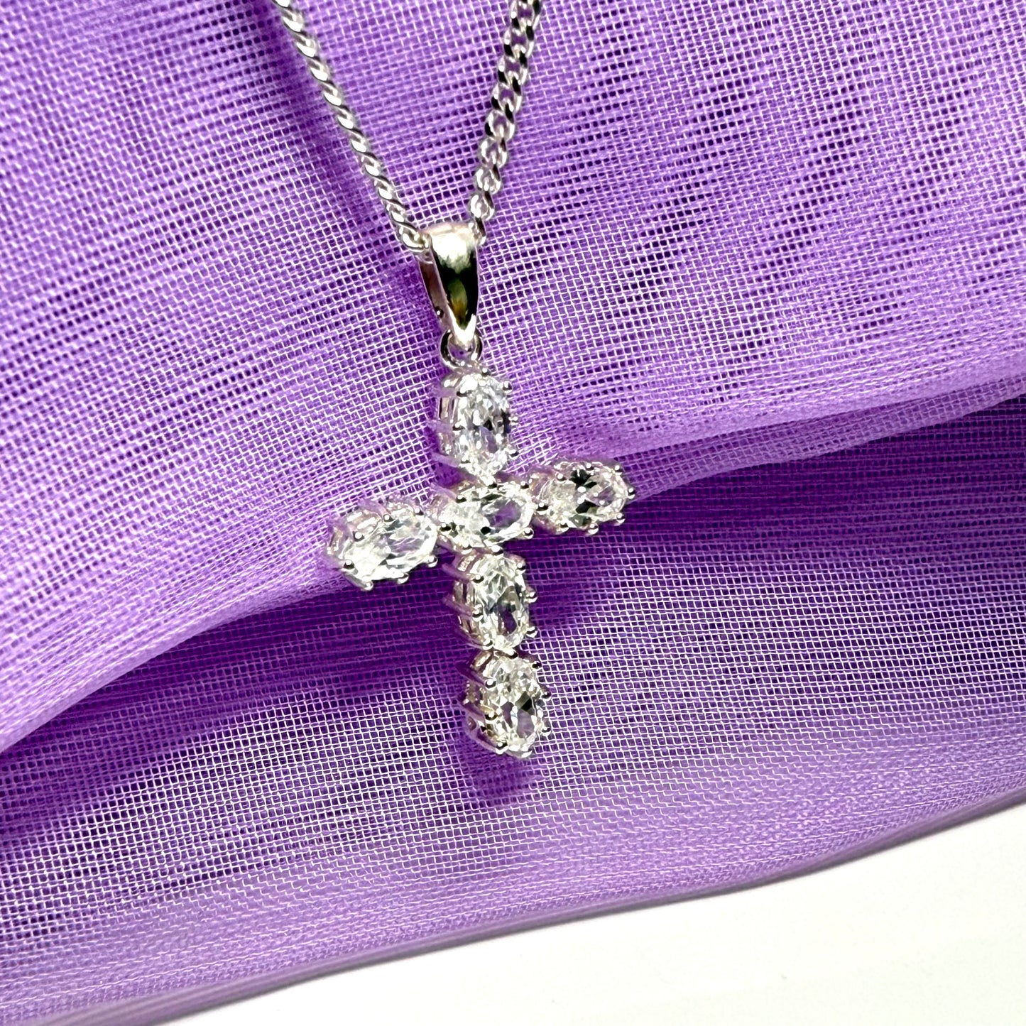 Sparkling fancy cubic zirconia set sterling silver cross with chain