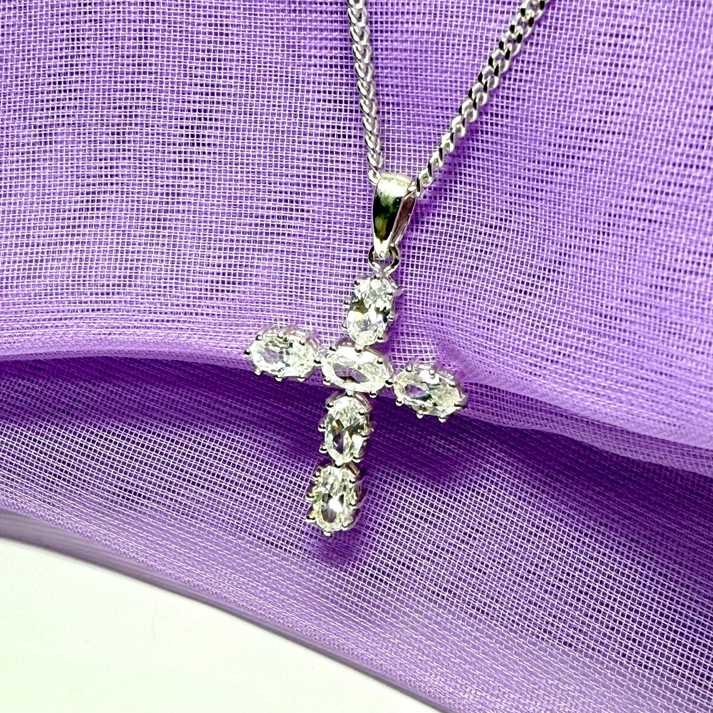Sparkling fancy cubic zirconia set sterling silver cross with chain