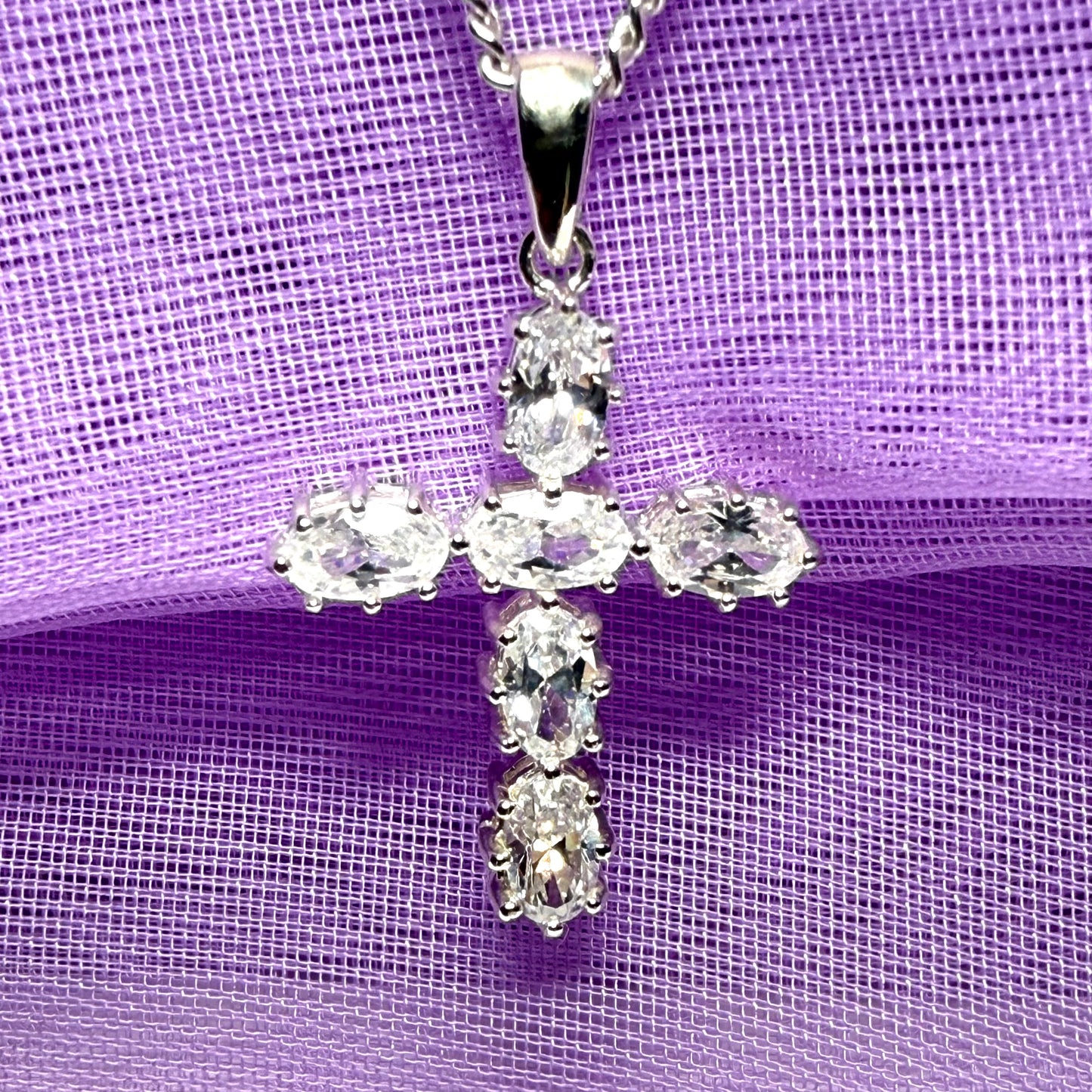 Sparkling fancy cubic zirconia set sterling silver cross with chain