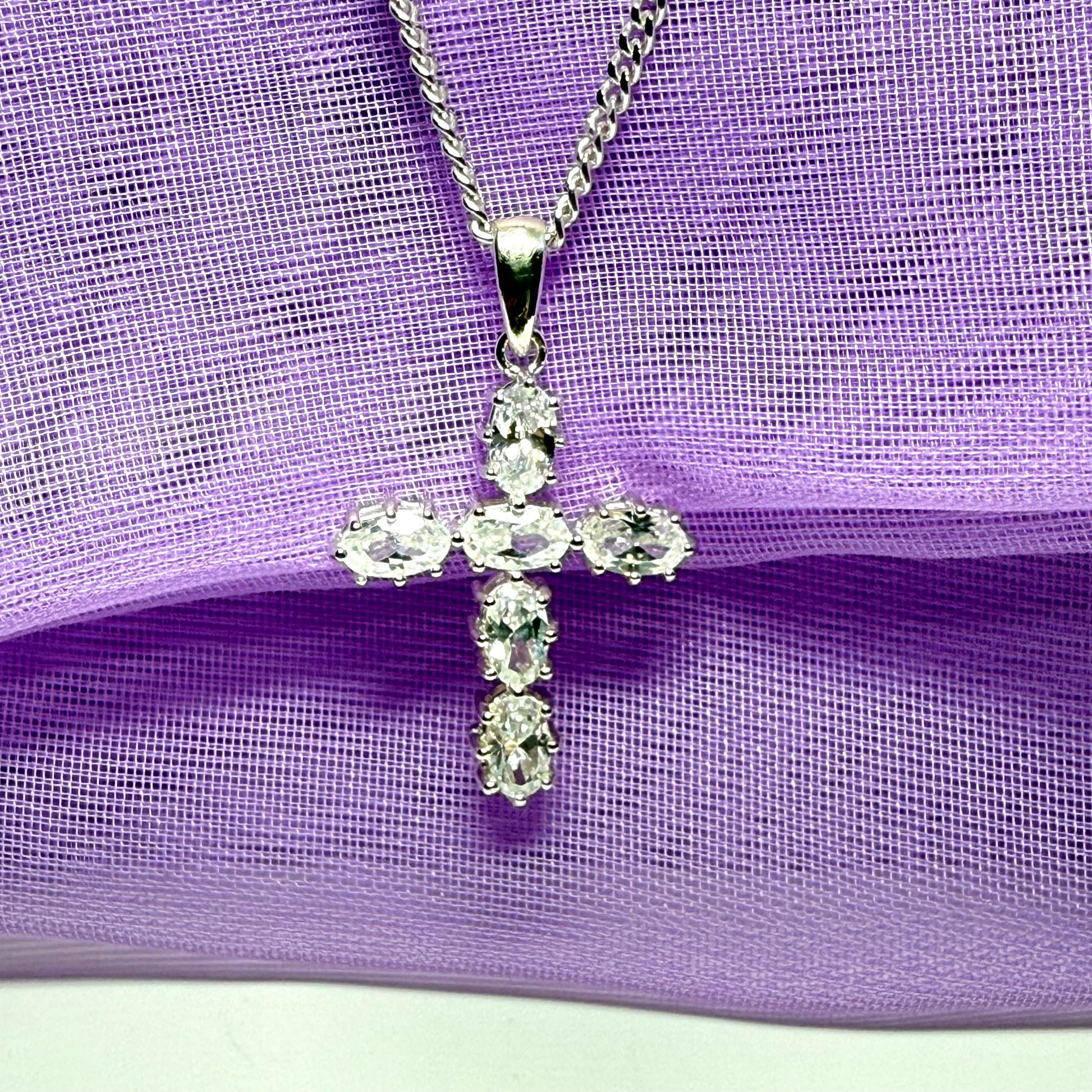 Sparkling fancy cubic zirconia set sterling silver cross with chain
