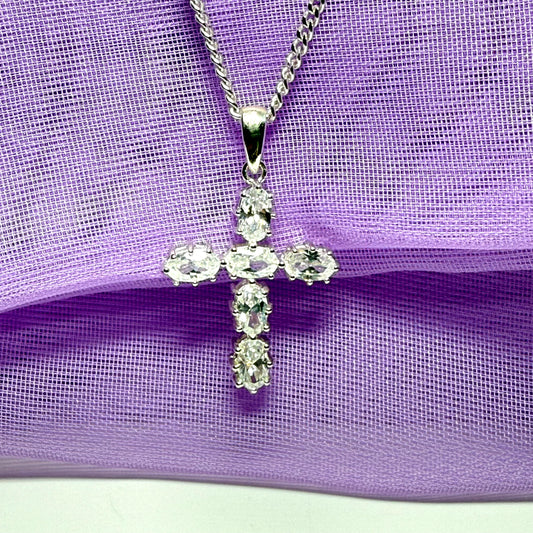 Sparkling fancy cubic zirconia set sterling silver cross with chain