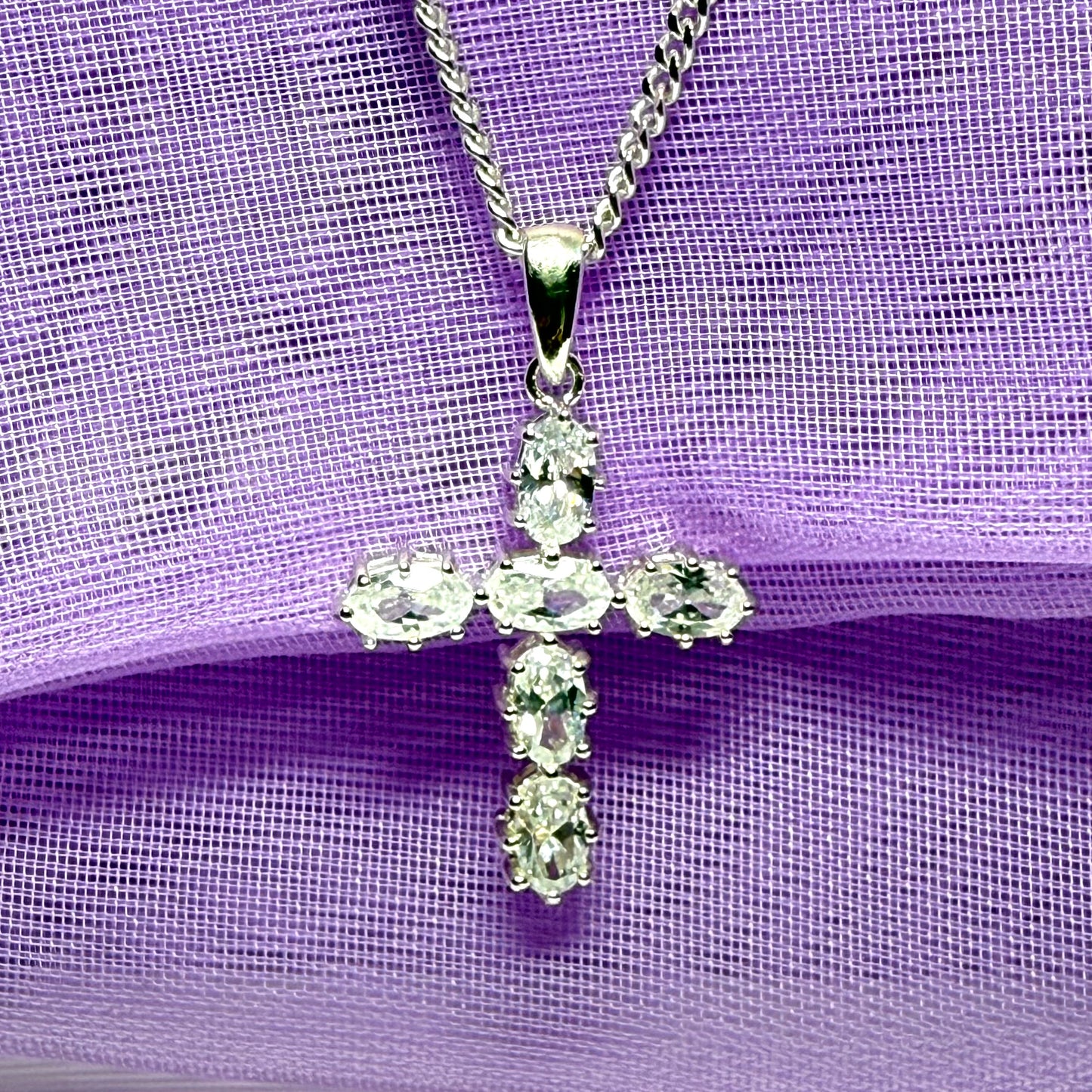 Sparkling fancy cubic zirconia set sterling silver cross with chain