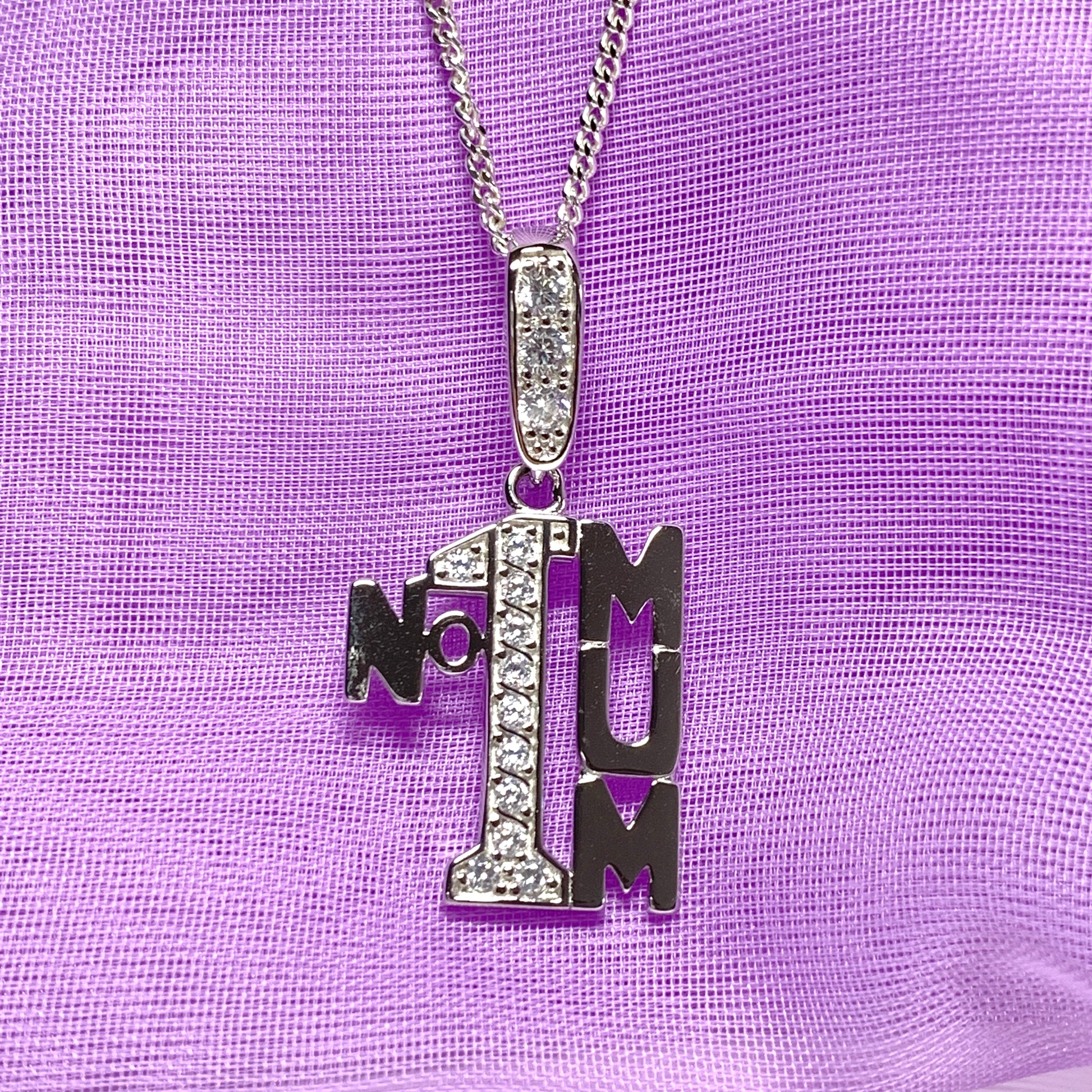 Sparkly solid Sterling silver number one mum necklace pendant large