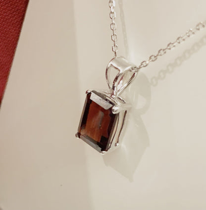 Square red real garnet necklace pendant white gold