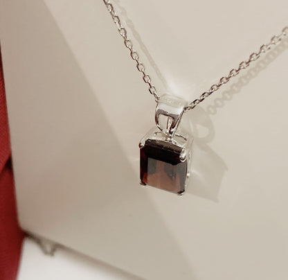 Square red real garnet necklace pendant white gold