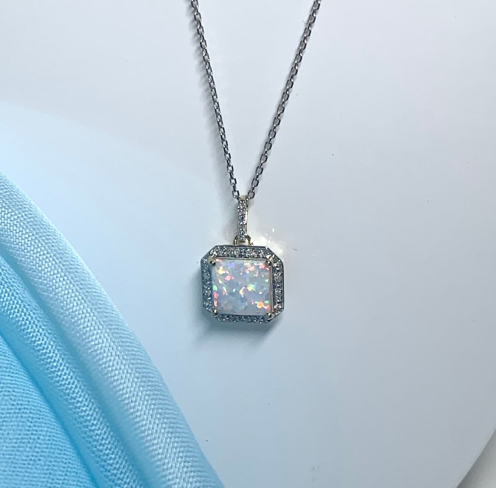 Square Shaped Opal And Diamond Yellow Gold Cluster Necklace