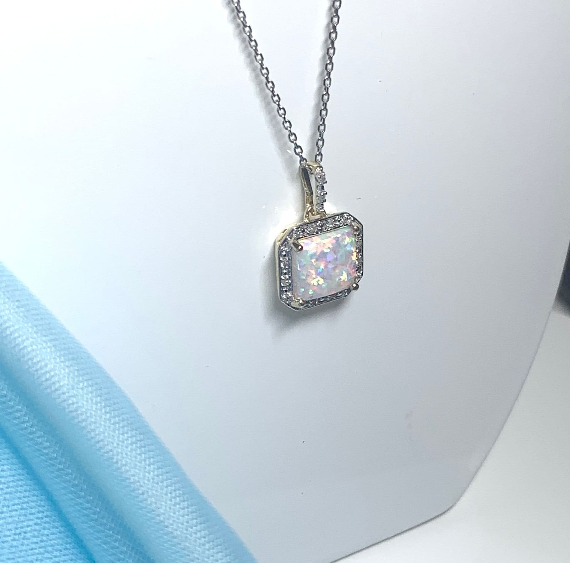 Square Shaped Opal And Diamond Yellow Gold Cluster Necklace