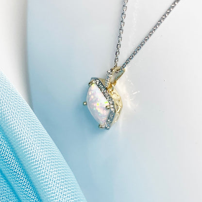 Square Shaped Opal And Diamond Yellow Gold Cluster Necklace