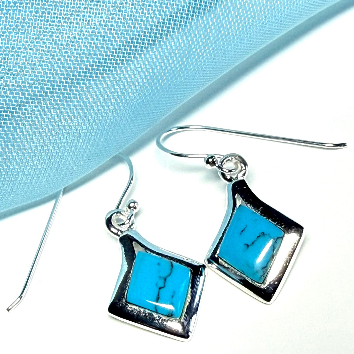 Square Blue Sterling Silver Turquoise Drop Earrings