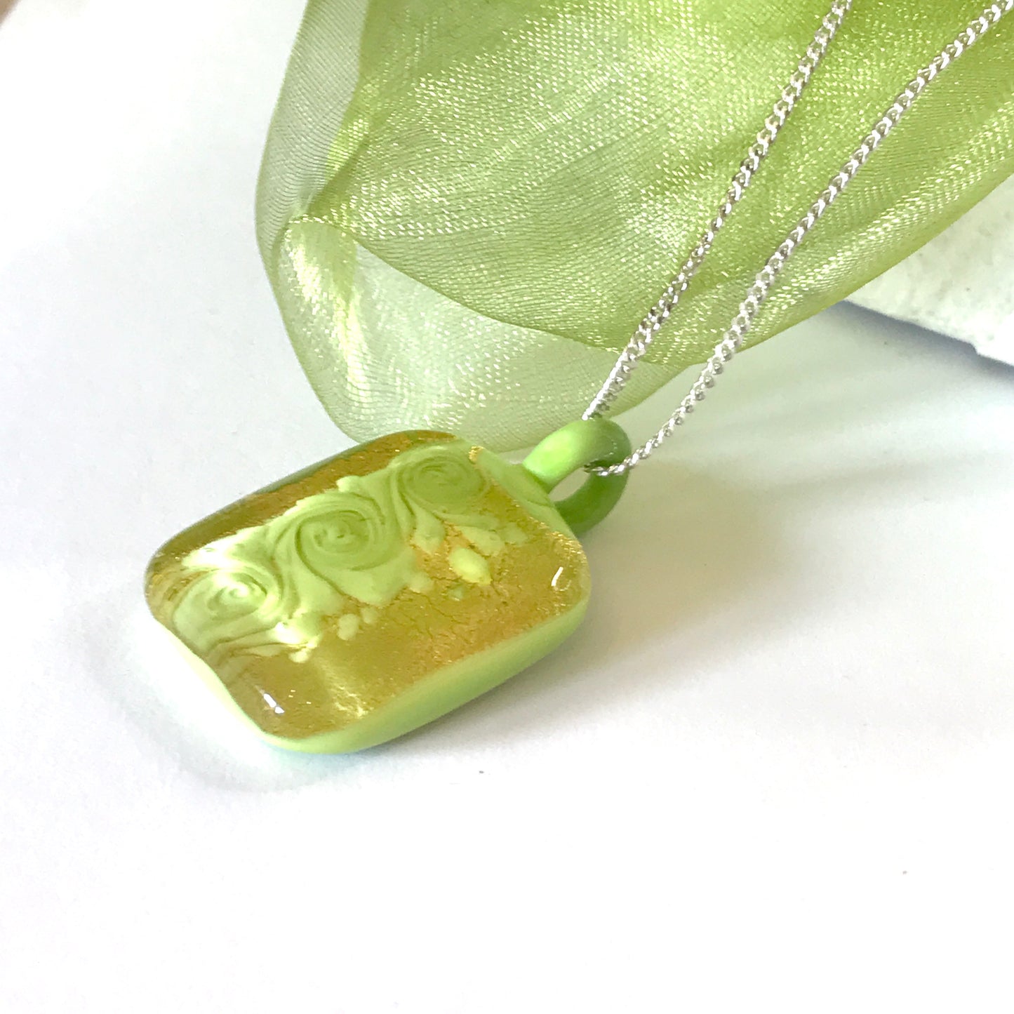 Square Lime Green & Gold Murano Glass Necklace