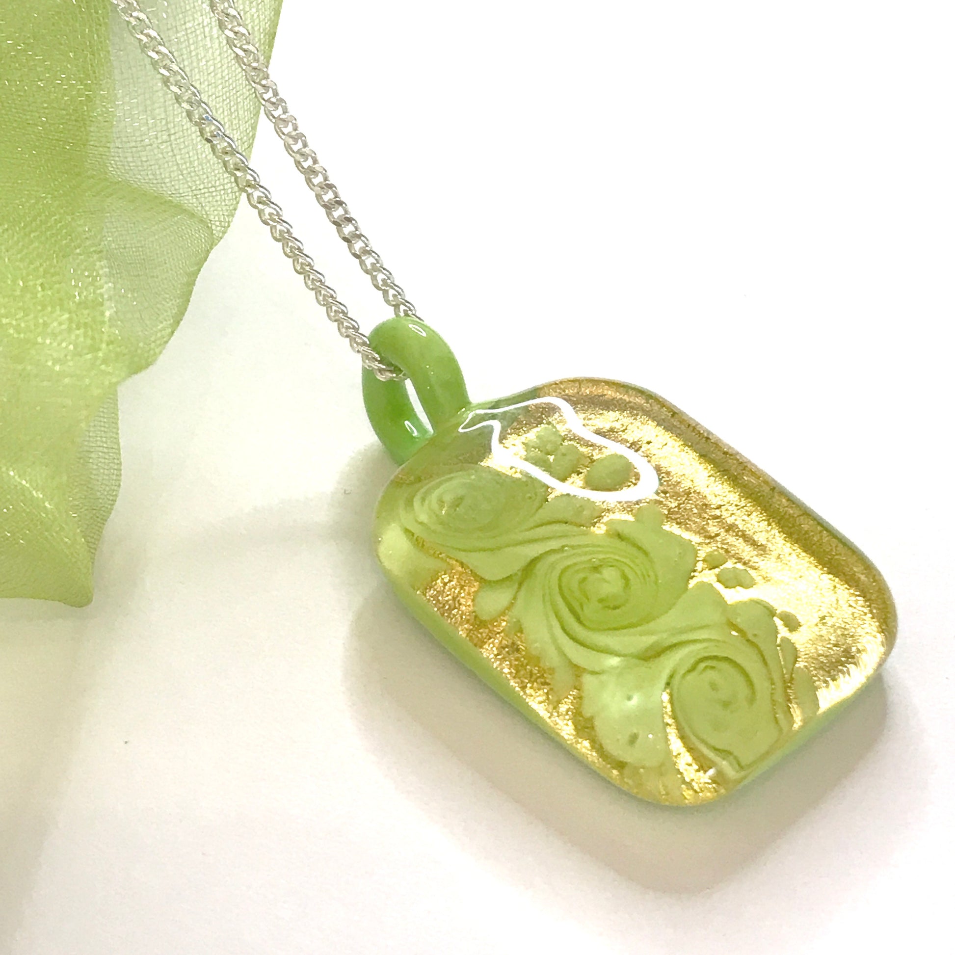 Square Lime Green & Gold Murano Glass Necklace With chain