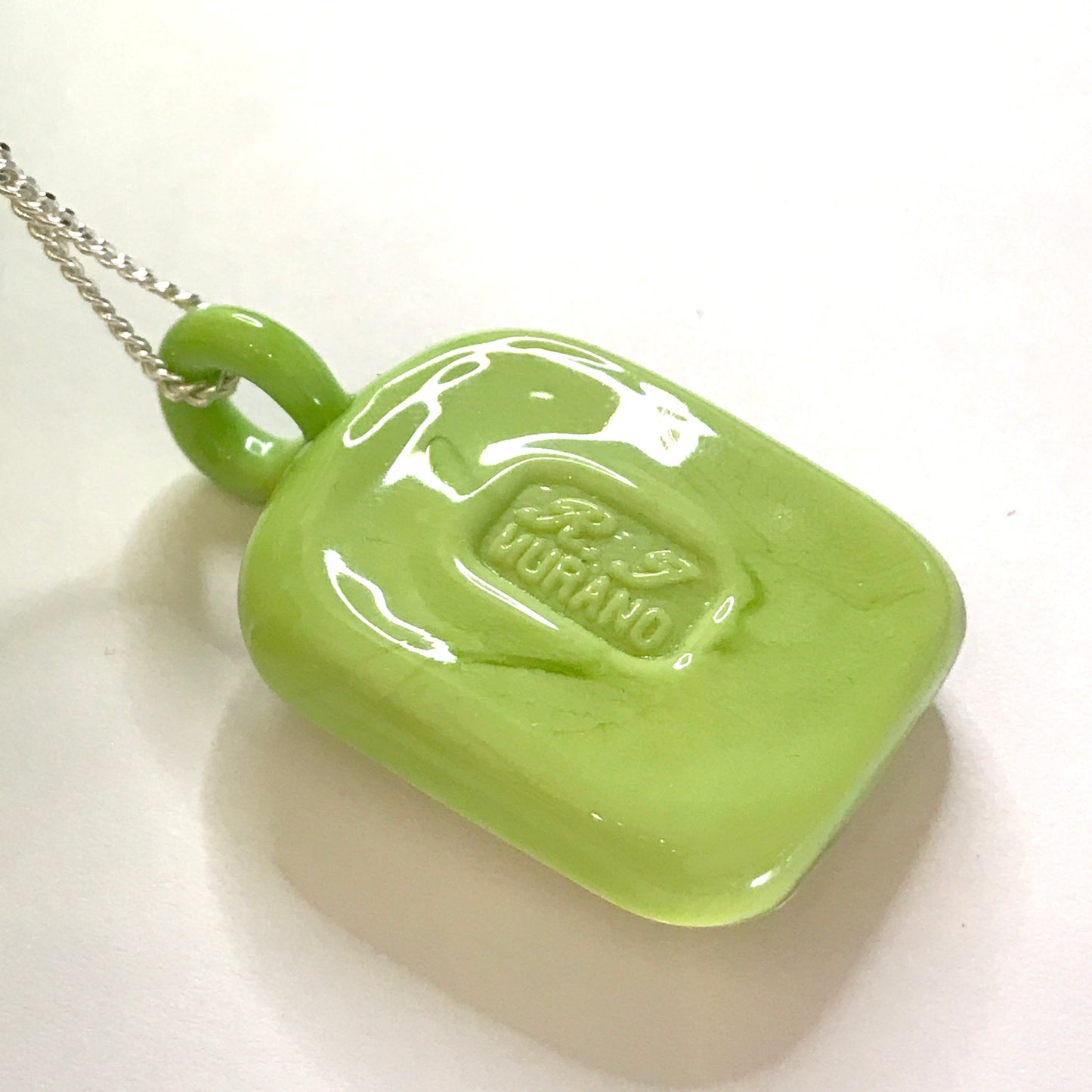 Square Lime Green & Gold Murano Glass Necklace With chain, Genuine murano glass stamp on the back