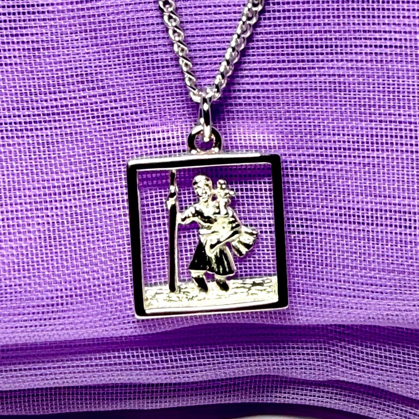 Square Sterling Silver Pierced St. Christopher Including Chain