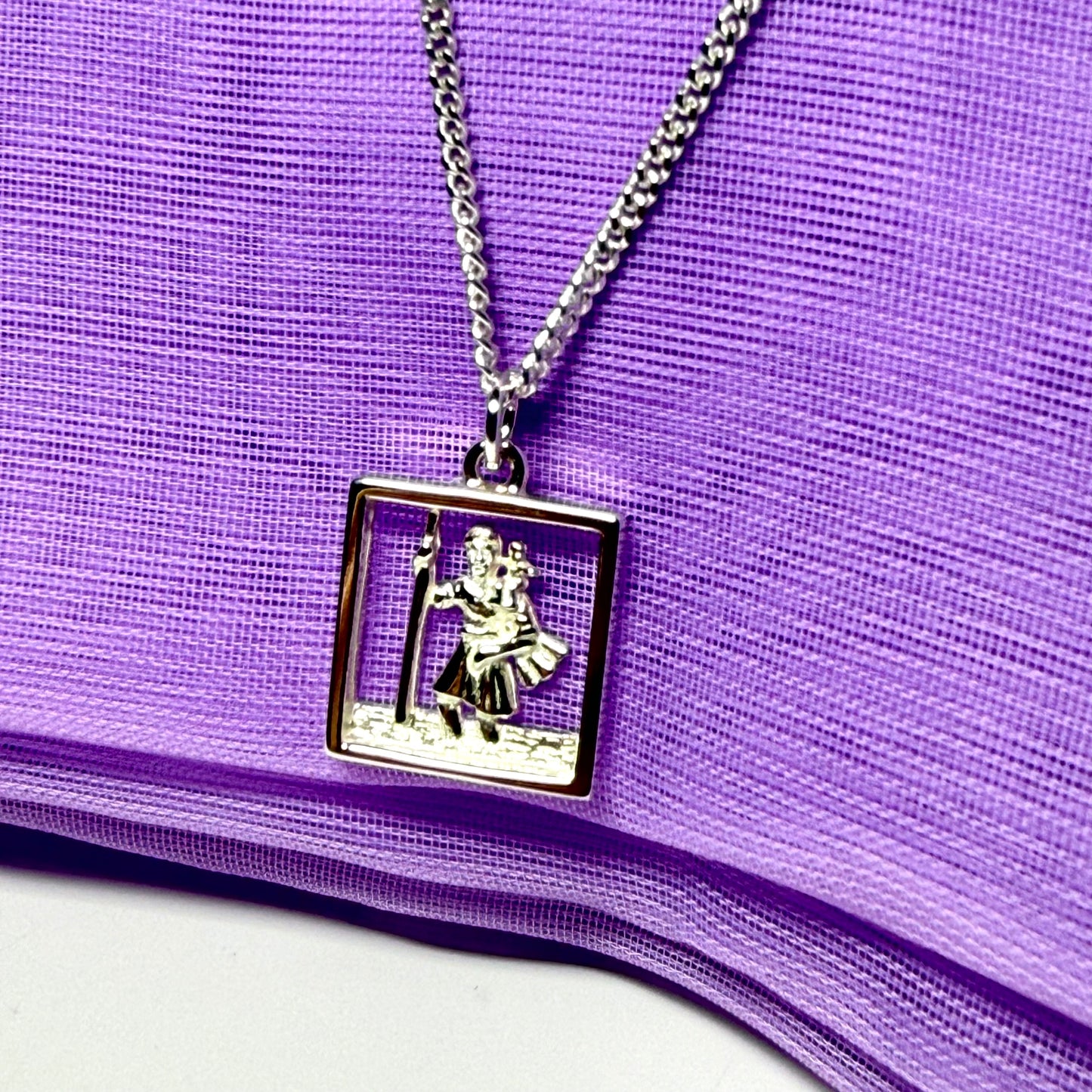 Square Sterling Silver Pierced St. Christopher Including Chain