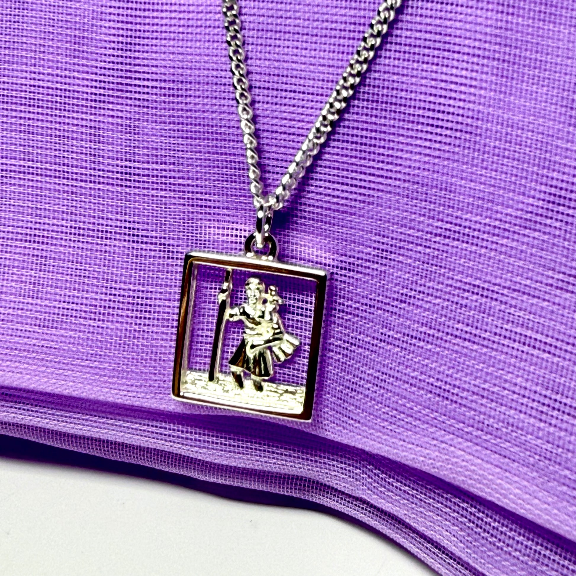 Square Sterling Silver Pierced St. Christopher Including Chain