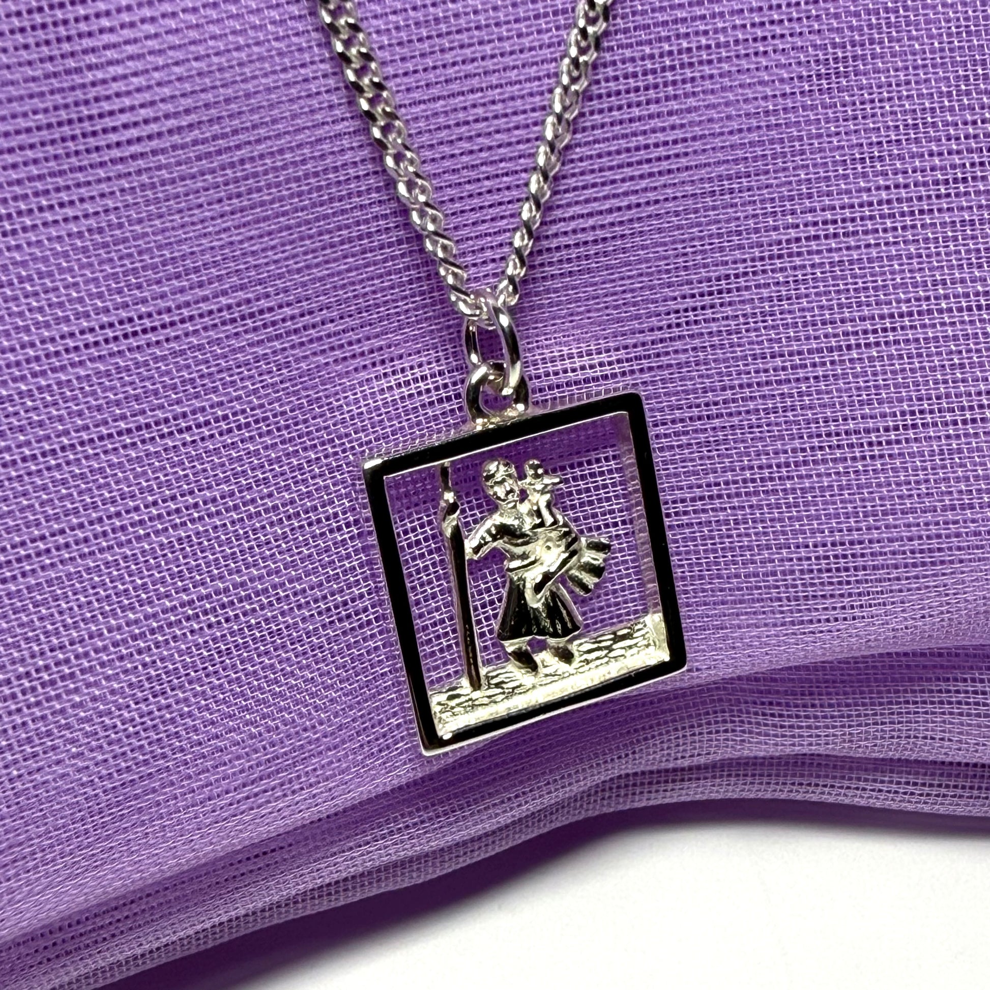 Square Sterling Silver Pierced St. Christopher Including Chain