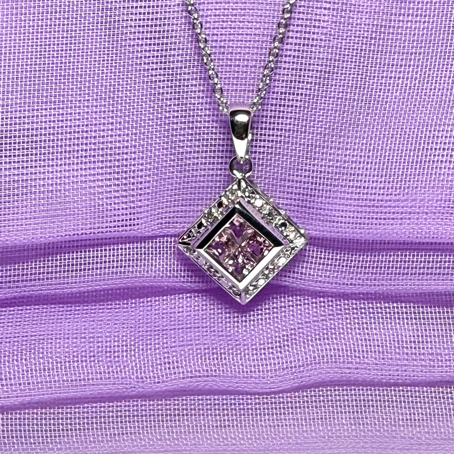 Square real pink sapphire and diamond pendant necklace white gold