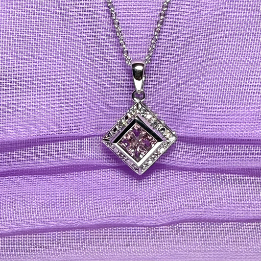 Square real pink sapphire and diamond pendant necklace white gold