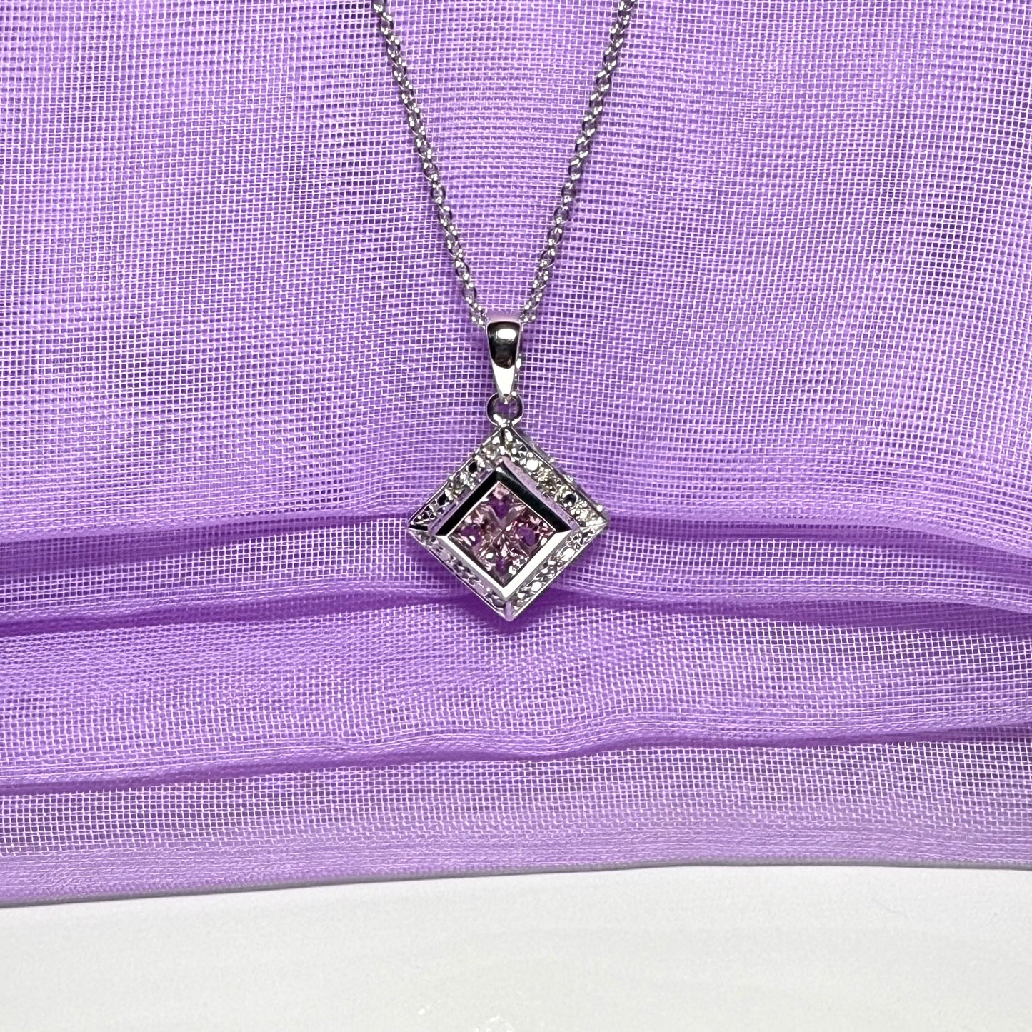Square real pink sapphire and diamond pendant necklace white gold with a chain included
