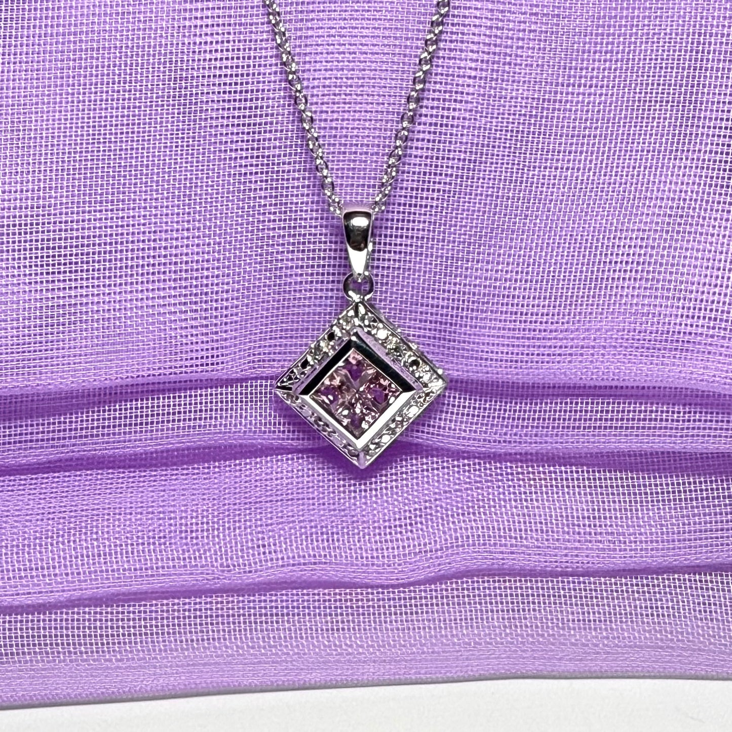 Square real pink sapphire and diamond pendant necklace white gold