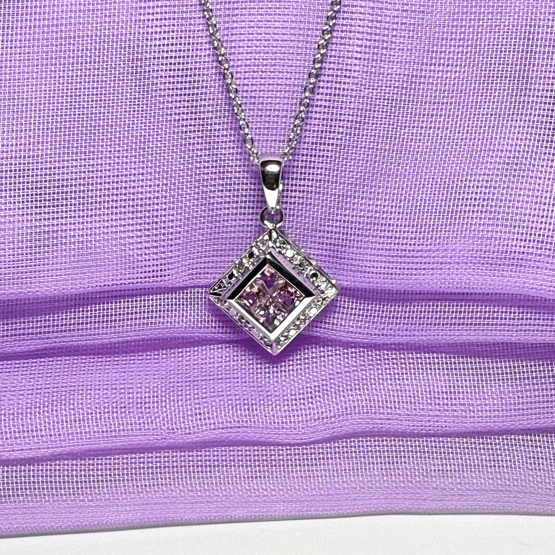 Square real pink sapphire and diamond pendant necklace white gold