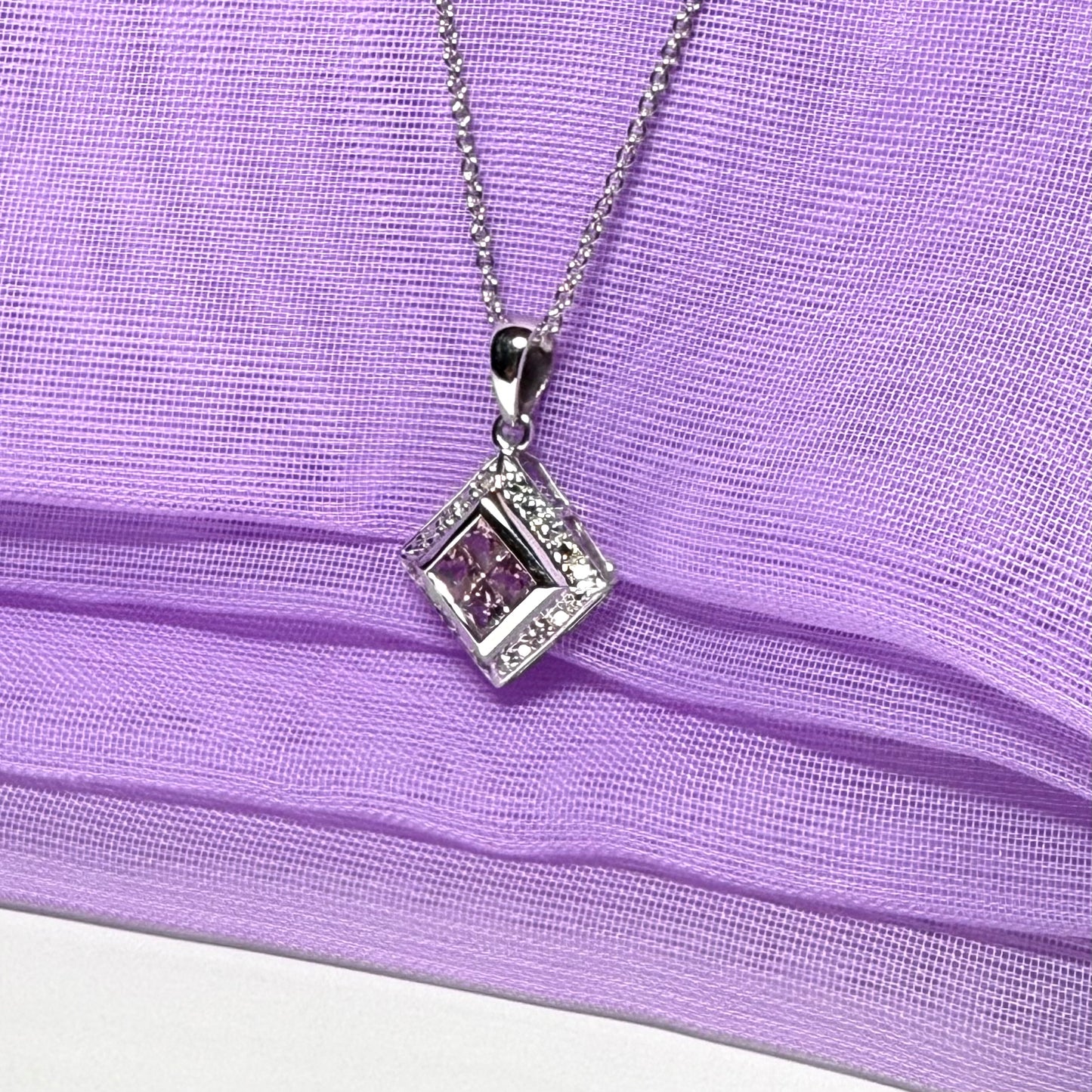 Square real pink sapphire and diamond pendant necklace white gold with a chain included