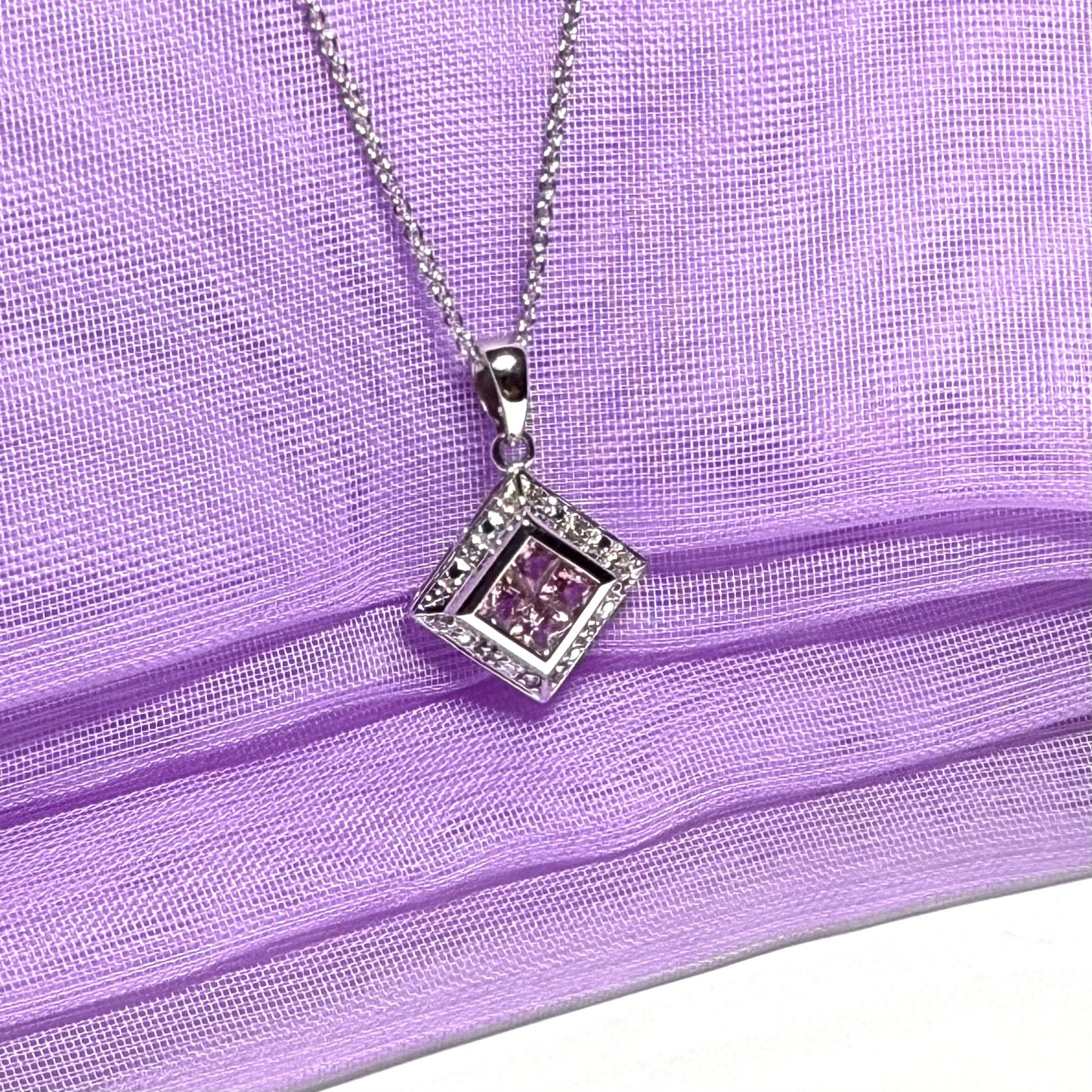 Square real pink sapphire and diamond pendant necklace white gold with a chain included