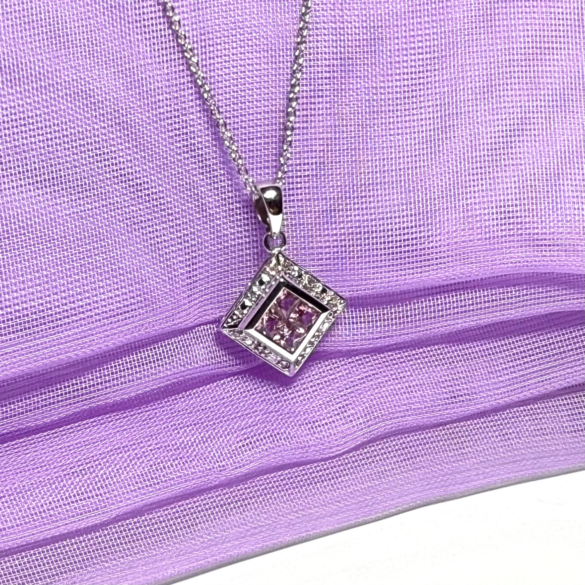 Square real pink sapphire and diamond pendant necklace white gold with a chain included