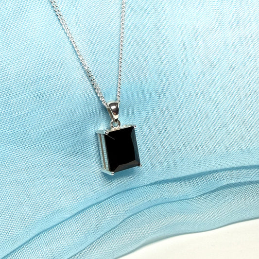 Square rectangle shaped necklace black cubic zirconia sterling silver