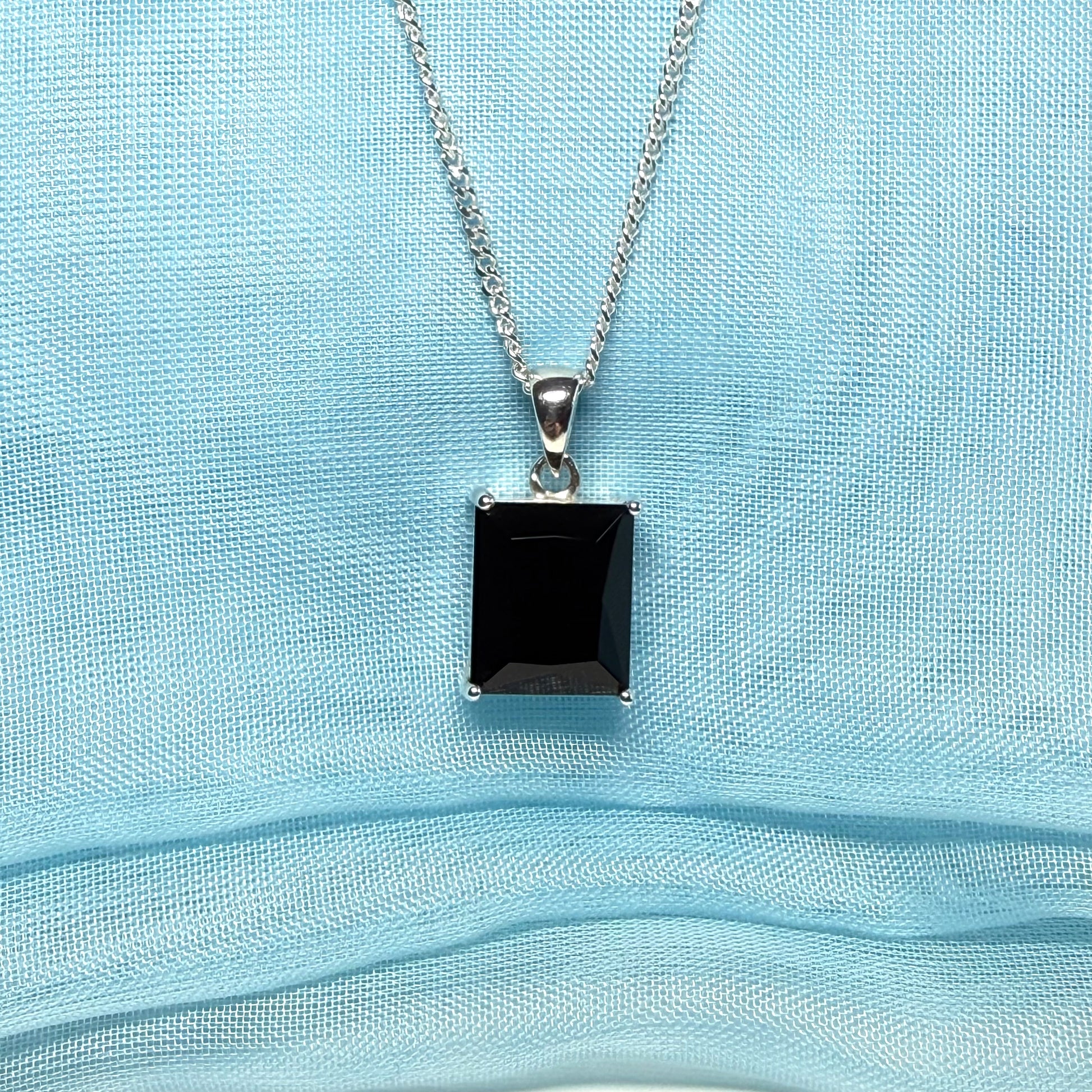 Square rectangle shaped necklace black cubic zirconia sterling silver